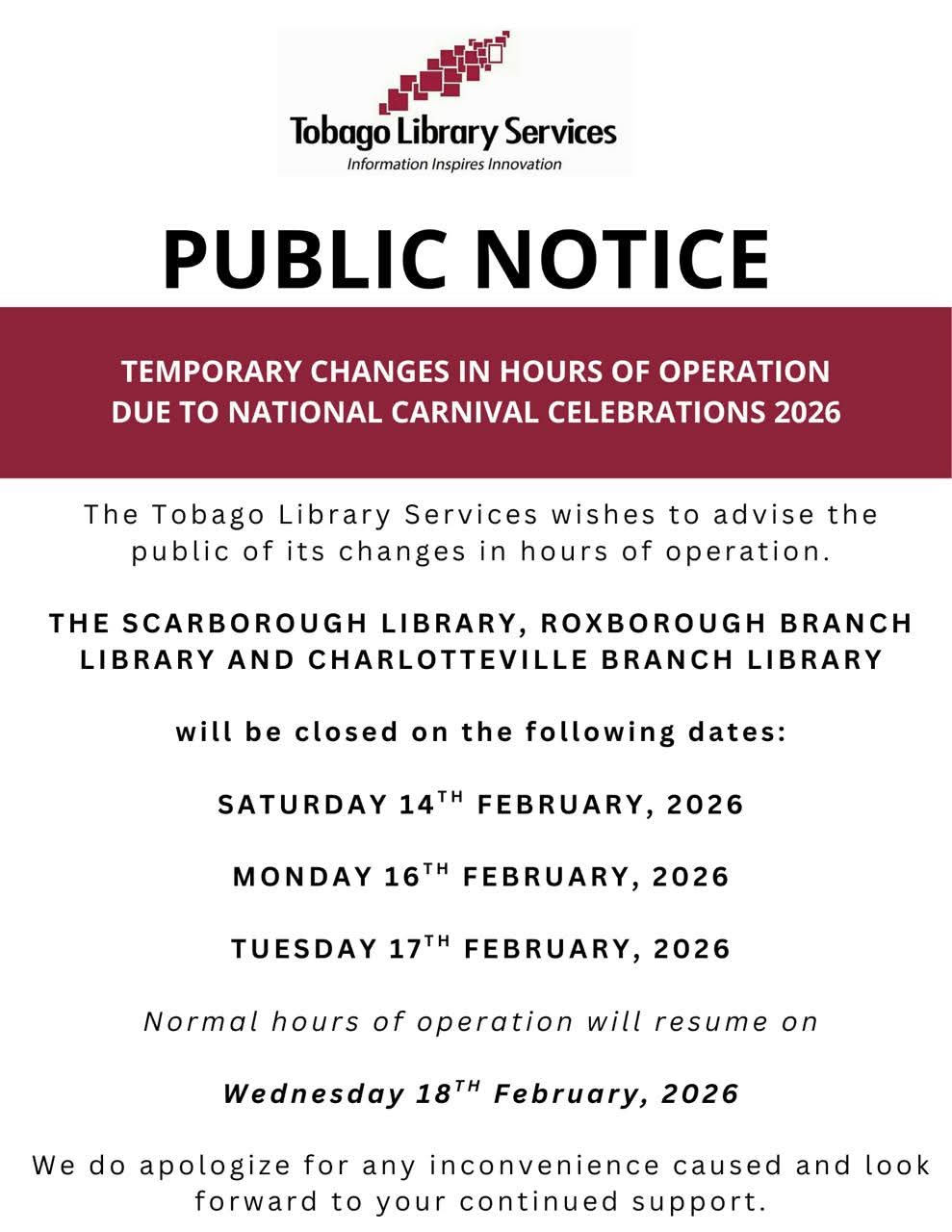 Temporary Changes in hours of Operation
